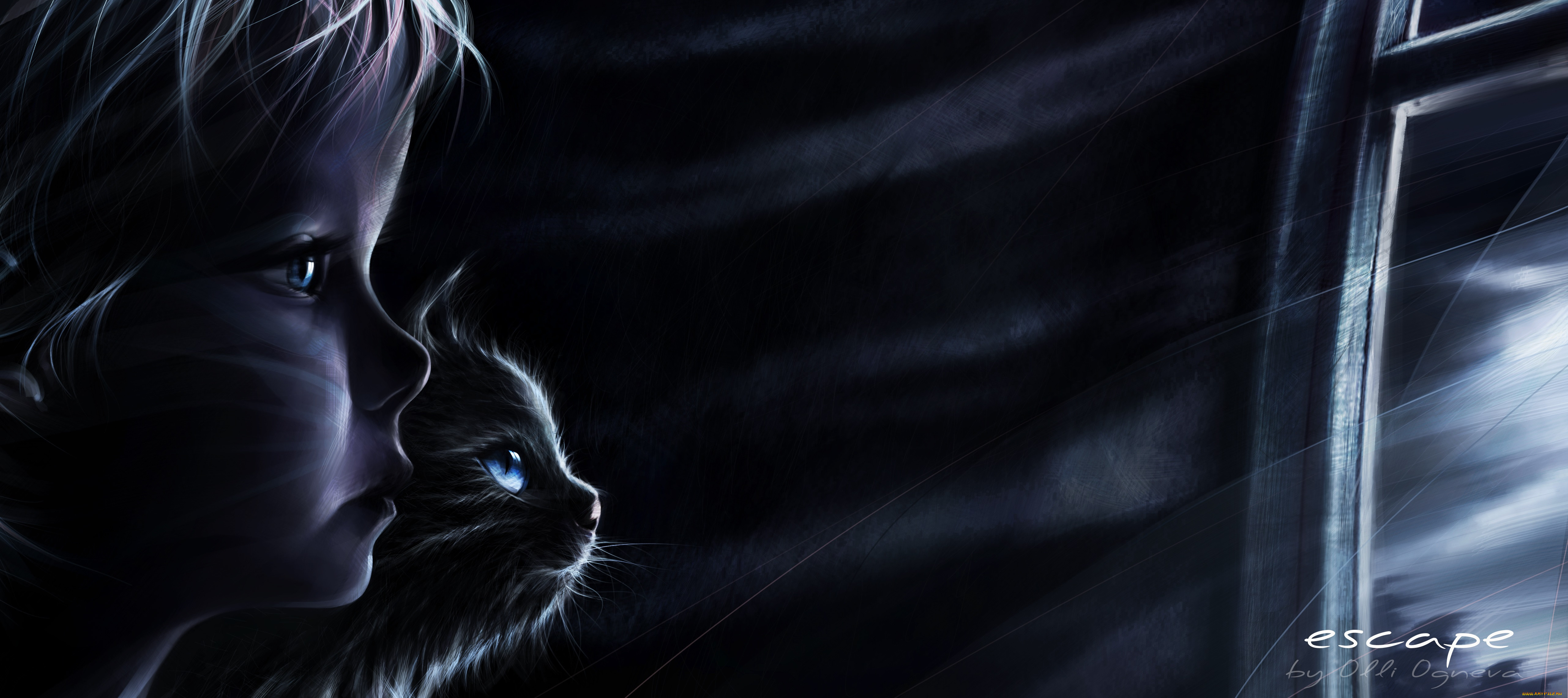 Nightcat 1. Мистические кошки. Ночной кот. Завораживающие картинки на рабочий стол. Девушка и кот в темноте.